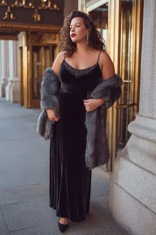 A plus-size woman wears a floor-length black velvet black-tie gown with subtle crystal embellishments on the neckline, paired with elegant pumps and a faux-fur wrap