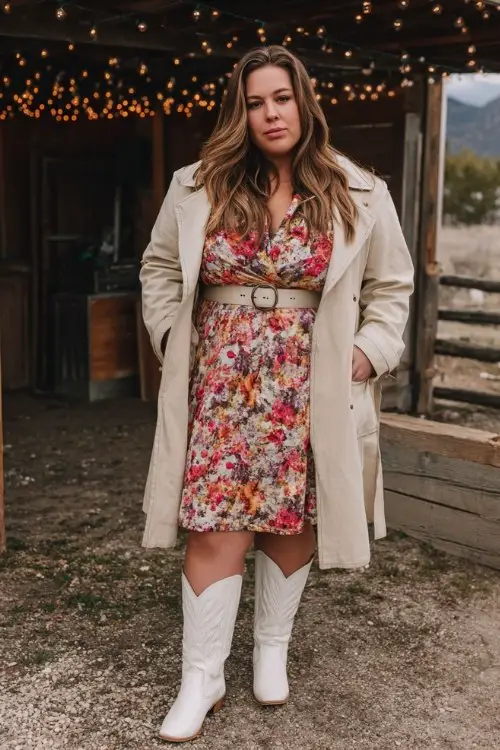 A plus-size woman wears a floral long-sleeve midi dress with a beige belted coat and short white cowboy boots