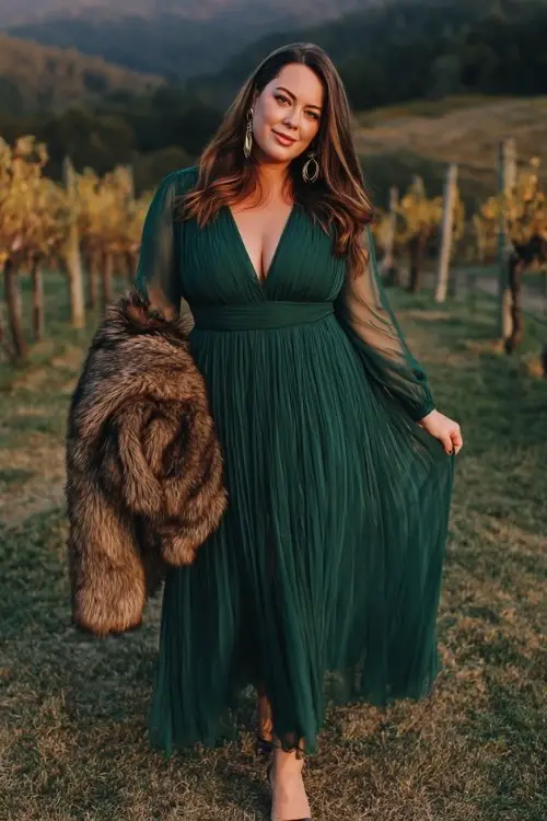 A plus-size woman wears a forest green chiffon dress with sheer long sleeves and subtle pleated skirt movement, styled with classic heels and a faux-fur stole
