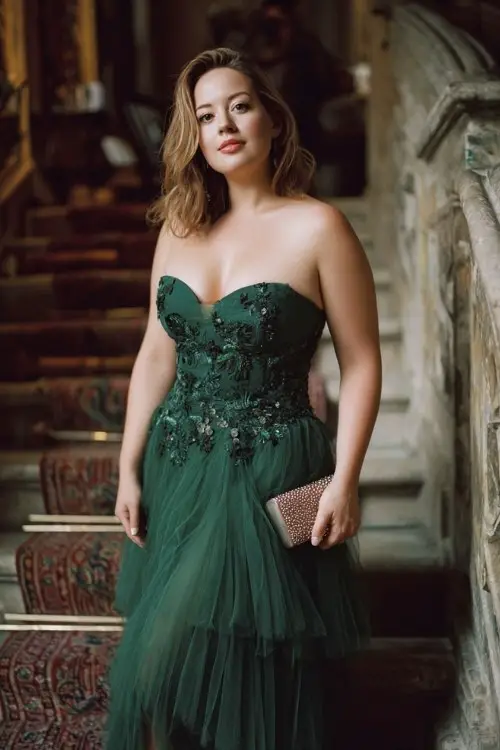 A plus-size woman wears a forest green tulle evening gown with delicate floral appliqué and structured waistline, paired with refined heels and jeweled clutch