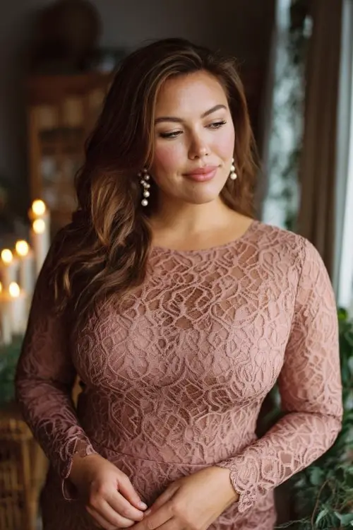 A plus-size woman wears a long sleeve lace wedding guest dress in dusty rose with scalloped hem and soft lining, paired with refined pumps and pearl accessories