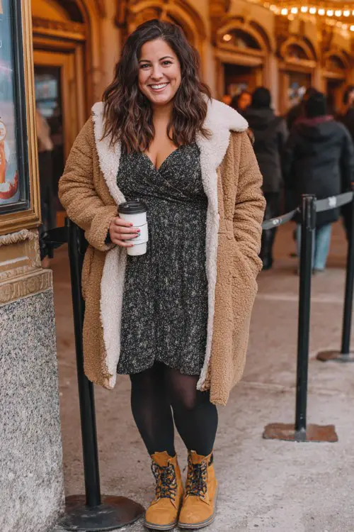 A plus-size woman wears a long-sleeve wrap dress with fleece-lined tights and lace-up boots, layered with a shearling coat