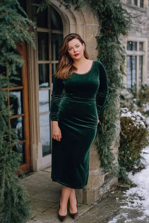 A plus-size woman wears a luxurious velvet winter wedding guest dress in deep emerald with long sleeves, subtle beaded neckline and elegant midi length, paired with classic pumps