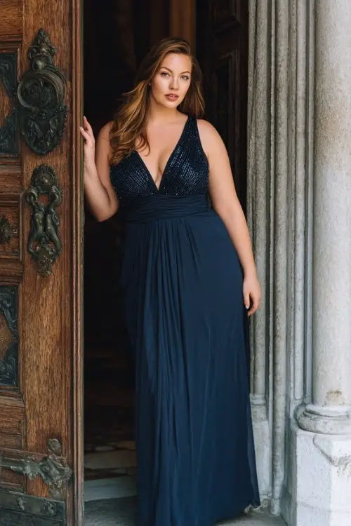 A plus-size woman wears a midnight blue beaded evening gown with flowing silhouette and elegant neckline detail, paired with refined pumps