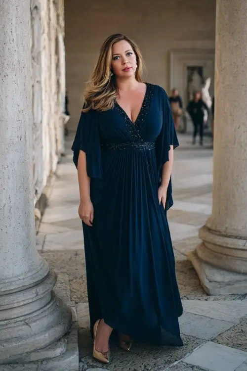 A plus-size woman wears a midnight blue beaded evening gown with flowing silhouette and elegant neckline detail, paired with refined pumps