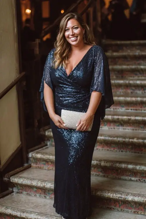 A plus-size woman wears a navy sequin gown with sheer cape sleeves and a V-neckline, paired with platform heels and a pearl-embellished clutch