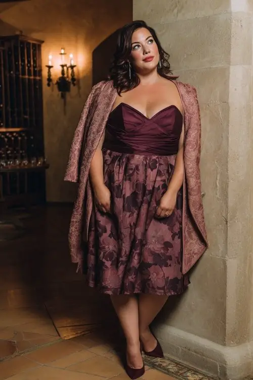 A plus-size woman wears a refined chiffon dress with floral jacquard pattern in plum tone, layered with a stylish cape coat and elegant pumps