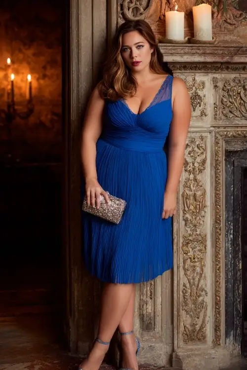 A plus-size woman wears a sapphire blue dress with structured pleats and sheer neckline detailing, paired with ankle-strap heels and an embellished clutch