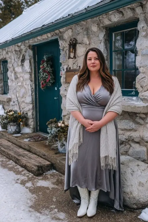 A plus-size woman wears a silver-gray gown with a cowl neckline and long sleeves, styled with white western boots and a cozy shawl