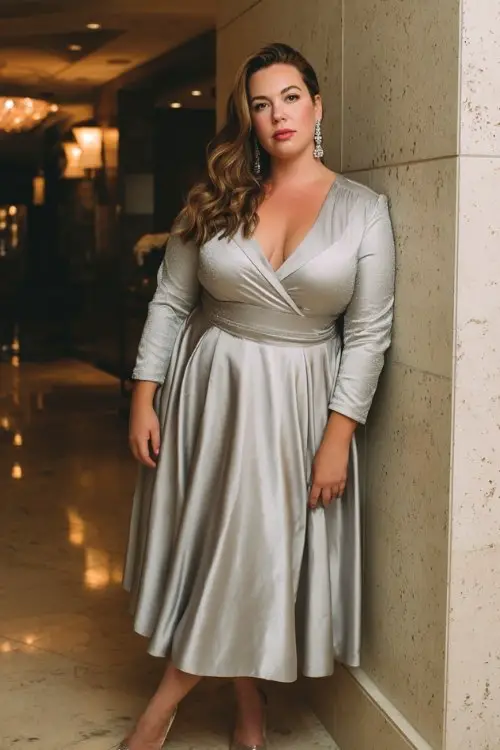 A plus-size woman wears a silver satin A-line black-tie dress with subtle shimmer overlay and long sleeves, styled with crystal accessories and sleek heels