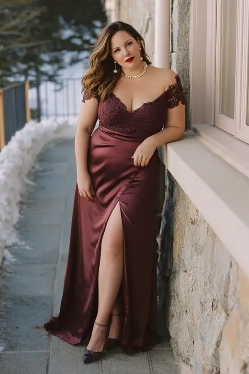 A plus-size woman wears a sophisticated burgundy satin gown with subtle train and lace sleeve accents, paired with refined heels and pearl jewelry