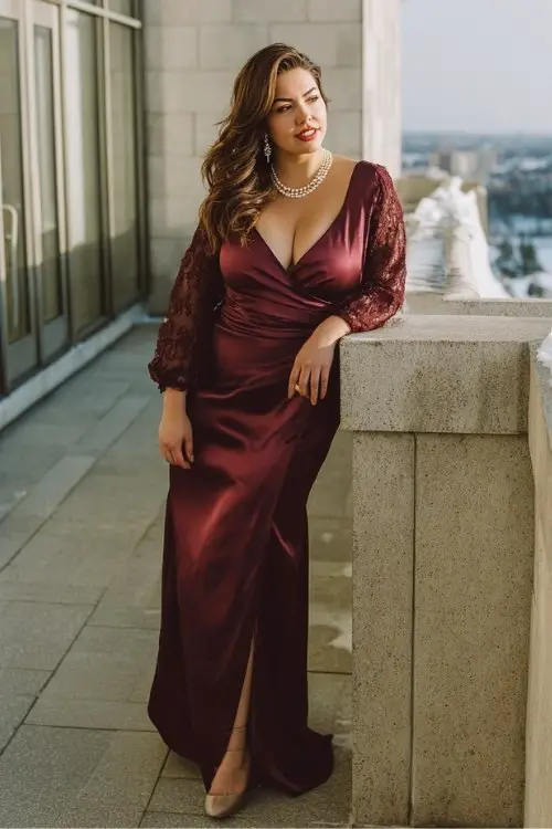 A plus-size woman wears a sophisticated burgundy satin gown with subtle train and lace sleeve accents, paired with refined heels and pearl jewelry