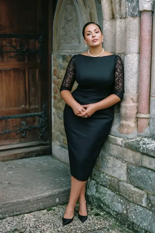 A plus-size woman wears a structured crepe midi dress in classic black with subtle lace sleeves, styled with pointed pumps and pearl accessories