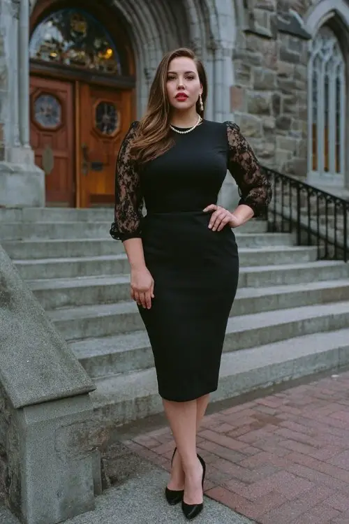 A plus-size woman wears a structured crepe midi dress in classic black with subtle lace sleeves, styled with pointed pumps and pearl accessories
