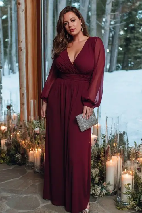 A plus-size woman wears a wine-red chiffon gown with long bishop sleeves and a fitted bodice, paired with silver pumps and a beaded evening bag