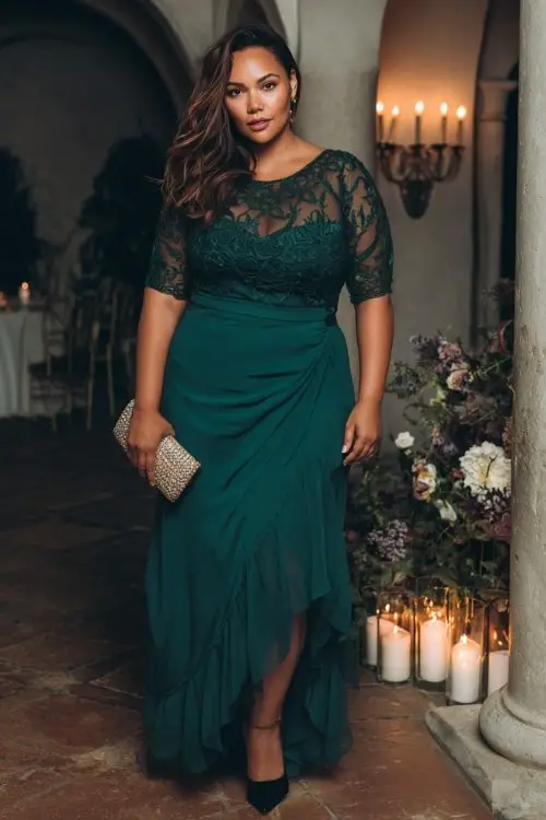 A plus-size woman wears an emerald chiffon black-tie dress with layered skirt movement and sheer embroidered overlay, paired with classic heels and jeweled clutch