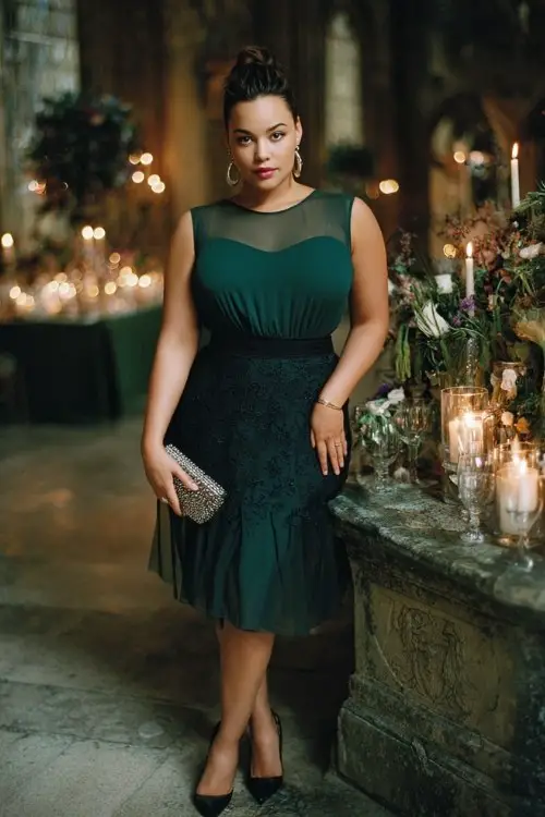 A plus-size woman wears an emerald chiffon black-tie dress with layered skirt movement and sheer embroidered overlay, paired with classic heels and jeweled clutch