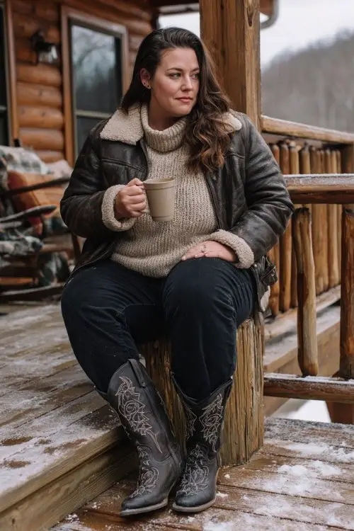 A plus-size woman wears bootcut black jeans over embroidered black cowboy boots, a beige mock neck sweater