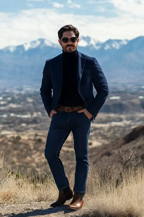 A refined man in a dark blue blazer over a black turtleneck, paired with mid-rise bootcut jeans that fully cover polished brown cowboy boots