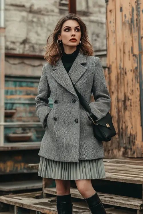 A stylish woman in a tailored wool coat, a midi pleated skirt, and ankle-strap boots, accessorized with hoop earrings and a shoulder bag