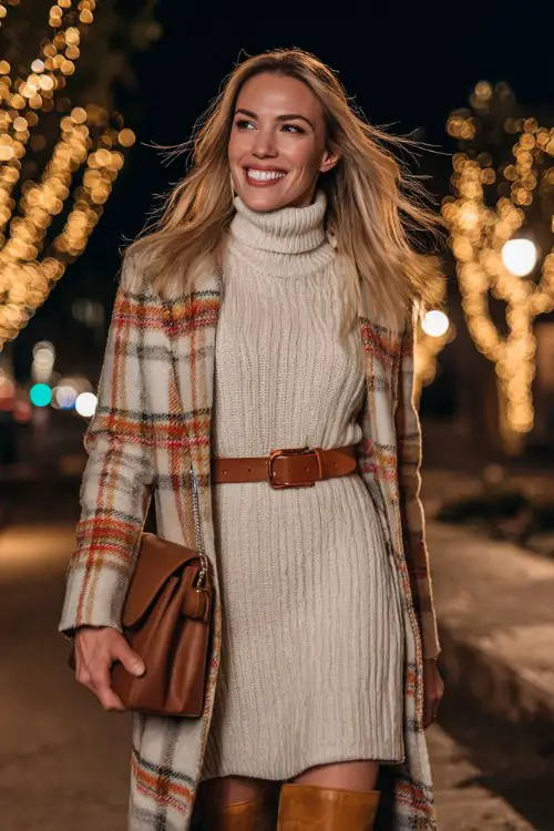 A stylish woman stands outdoors amid warm, glowing evening lights. She wears a cream ribbed turtleneck sweater dress cinched at the waist with a tan belt