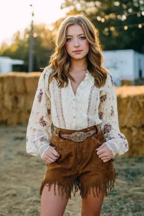 A stylish young woman at an outdoor country concert, wearing a cream floral peasant blouse with lace details, high-waisted brown suede fringe shorts, a statement western belt