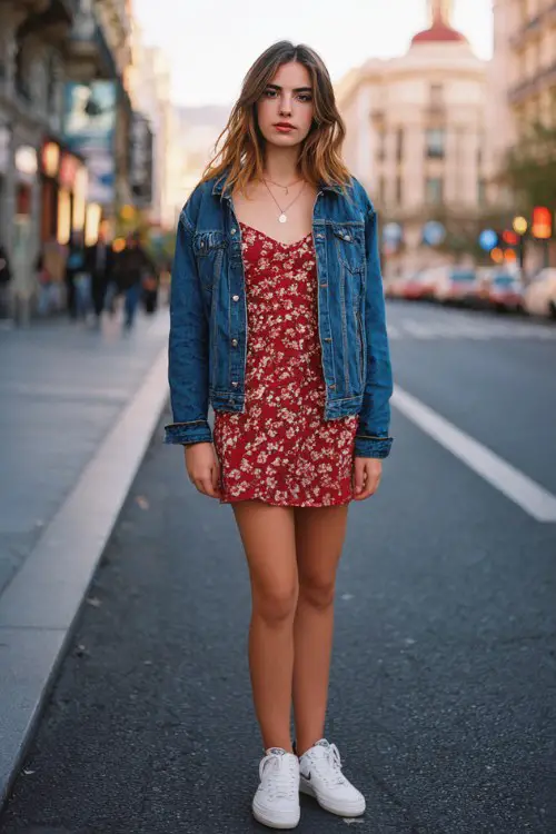 A stylish young woman standing in the middle of a busy city street, wearing a red floral mini dress layered with a classic blue denim jacket and white sneakers