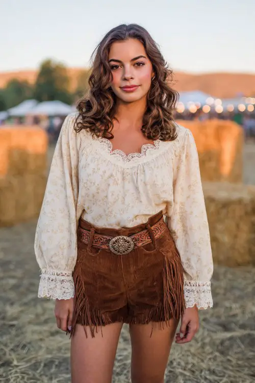 A stylish young woman wearing a cream floral peasant blouse with lace details, high-waisted brown suede fringe shorts, a statement western belt