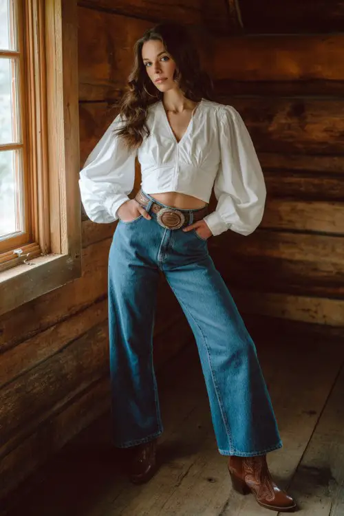 A western-inspired outfit with a white cropped peasant blouse with flared sleeves, high-waisted vintage-style blue jeans, statement belt, and brown cowboy boots