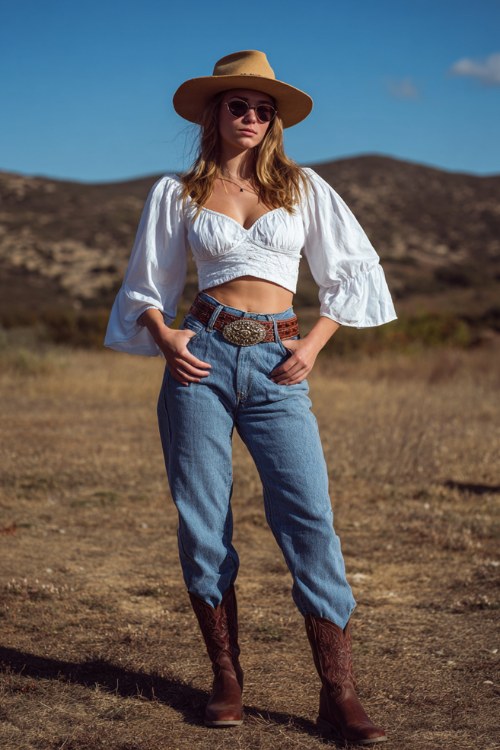 A western-inspired outfit with a white cropped peasant blouse with flared sleeves, high-waisted vintage-style blue jeans, statement belt, and brown cowboy boots