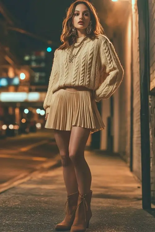 A woman in a chunky cable-knit sweater, a pleated mini skirt, and tall suede boots, accessorized with a statement necklace