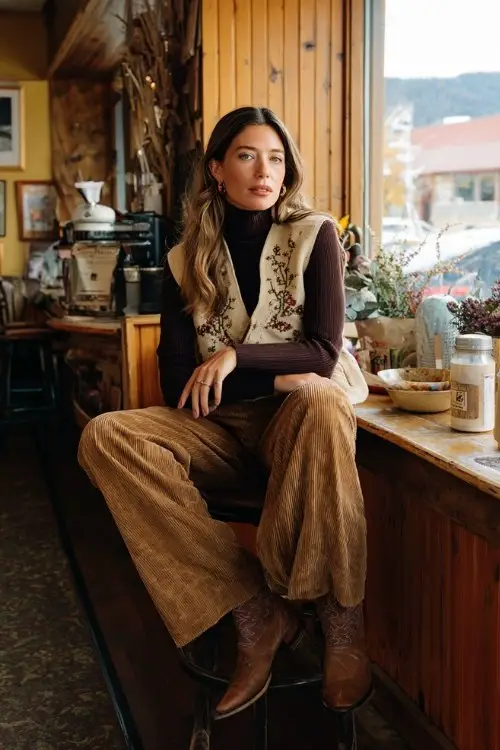 A woman in a cozy mountain café wears brown cowboy boots under corduroy wide-leg trousers, a turtleneck, and a hand-embroidered wool vest