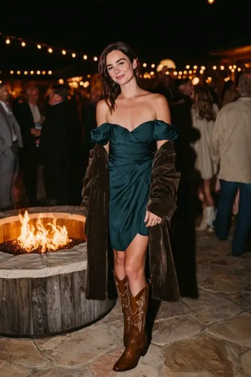 A woman in a deep green off-the-shoulder dress, slouchy brown cowboy boots, and a luxurious velvet wrap