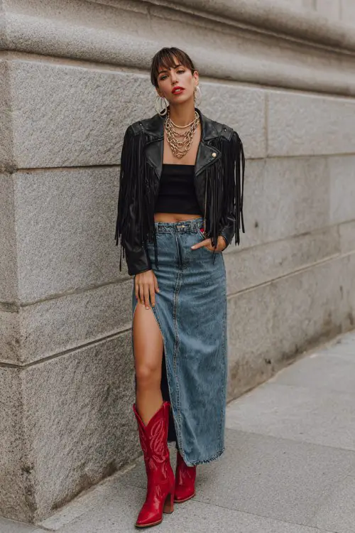 A woman in a denim maxi skirt with a front slit, black tube top, cropped fringe leather jacket, and red cowboy boots, finished with layered chain necklaces