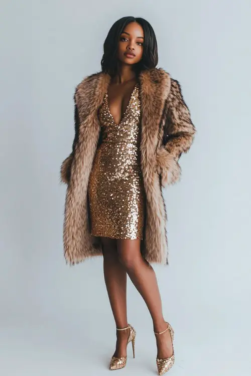 A woman in a fitted gold sequin midi dress styled with a taupe fur coat, standing confidently in a plain studio with clean, bright lighting
