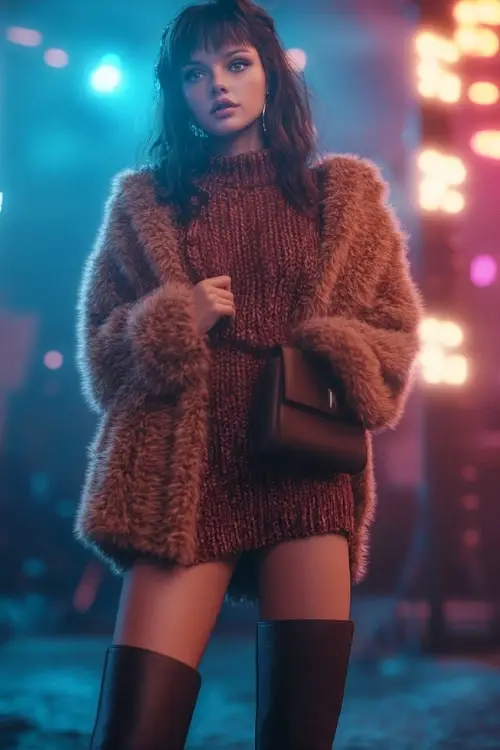 A woman in a knitted sweater dress, knee-high leather boots, and a belted faux fur coat