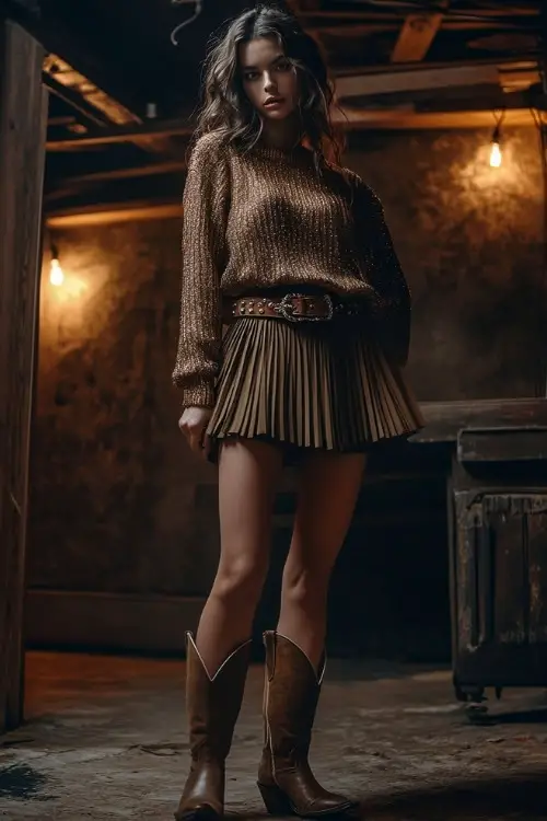 A woman in a metallic knit sweater, pleated midi skirt, and ankle cowboy boots, accessorized with a concho belt