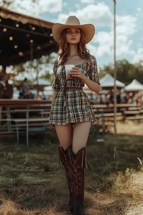 A woman in a relaxed plaid dress, knee-high leather boots, and a straw hat, holding a drink