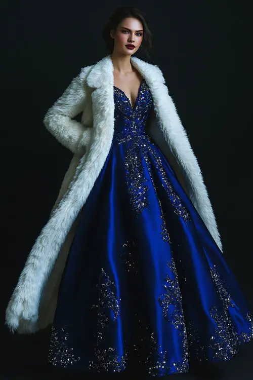 A woman in a royal blue A-line gown with crystal embellishments styled with a white faux-fur trimmed coat