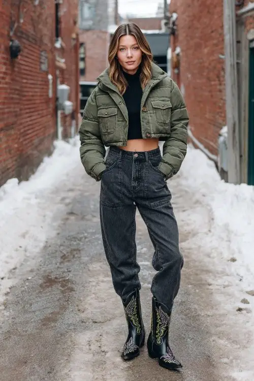 A woman in a snow-dusted alley wears charcoal denim jeans, black cowboy boots with embroidery, a moss green cropped puffer, a brick wall