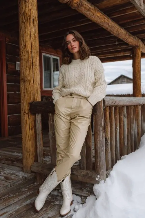 A woman in a snowy cabin porch scene wears a cream cable-knit sweater, beige faux leather pants, and white cowboy boots