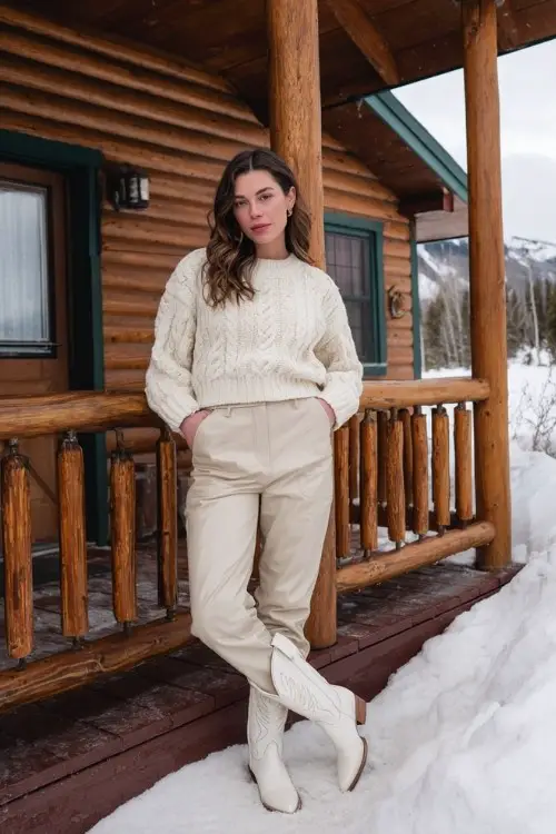 A woman in a snowy cabin porch scene wears a cream cable-knit sweater, beige faux leather pants, and white cowboy boots