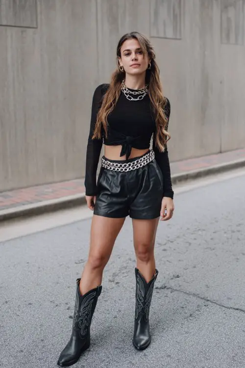 A woman in black faux leather shorts, a long-sleeve mesh top layered under a tied crop tee, silver chain belt, and tall black cowboy boots