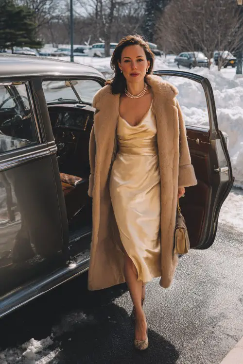 A woman in her 40s wears a champagne silk dress with a long tan coat and pearl necklace