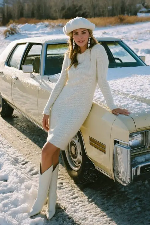 A woman leans against a cream vintage car in a snow-covered field wearing a white knit midi dress, soft pearl earrings, and pointed white cowboy boots