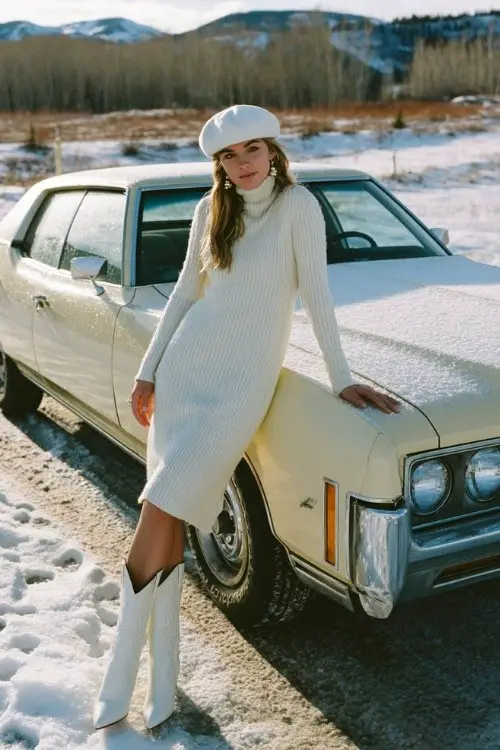 A woman leans against a cream vintage car in a snow-covered field wearing a white knit midi dress, soft pearl earrings, and pointed white cowboy boots