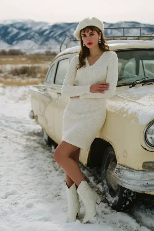 A woman leans against a cream vintage car in a snow-covered field wearing a white knit midi dress, soft pearl earrings, and pointed white cowboy boots
