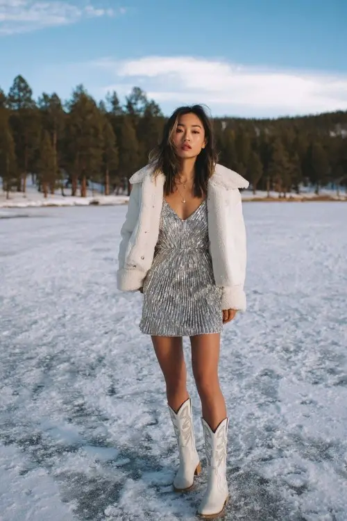 A woman near a frozen lake in a pleated silver mini dress, layered with a cropped white shearling jacket and white cowboy boots
