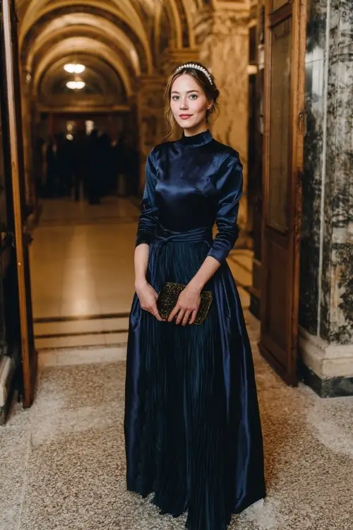 A woman over 30 wears a deep navy satin gown with a pleated skirt and high neckline, styled with a pearl headband and velvet clutch
