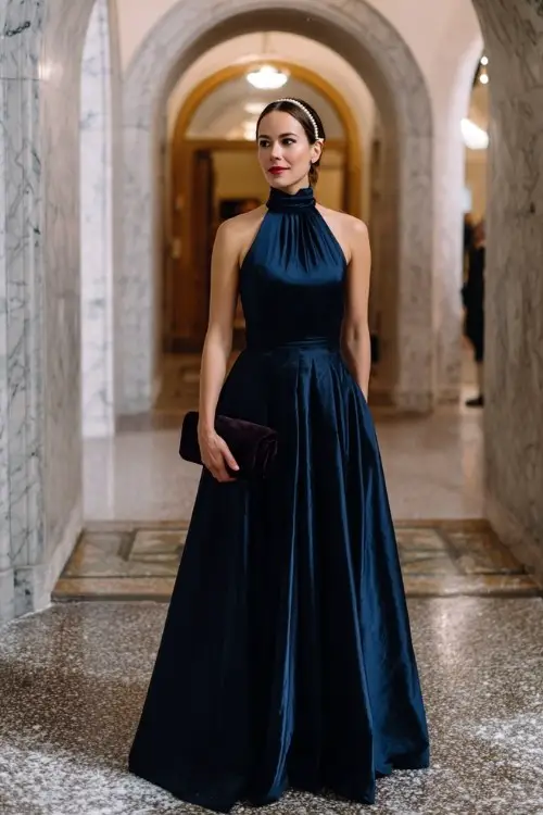 A woman over 30 wears a deep navy satin gown with a pleated skirt and high neckline, styled with a pearl headband and velvet clutch